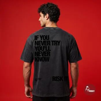 Risk It Oversized Acid Wash T-Shirt Rear Quote Graphic