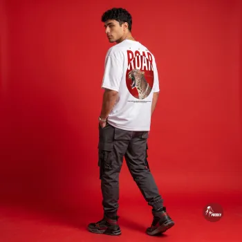 ROAR Oversized White Mesh Graphic Streetwear T-Shirt