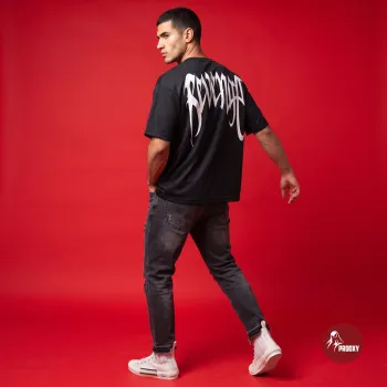 PROOXY "Revenge" Black Oversized Mesh Tee with White Calligraphy