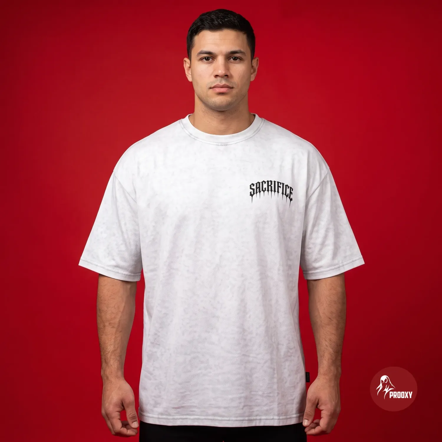 Sacrifice oversized White Tech-Fabric T-Shirt with Gothic Back Graphic