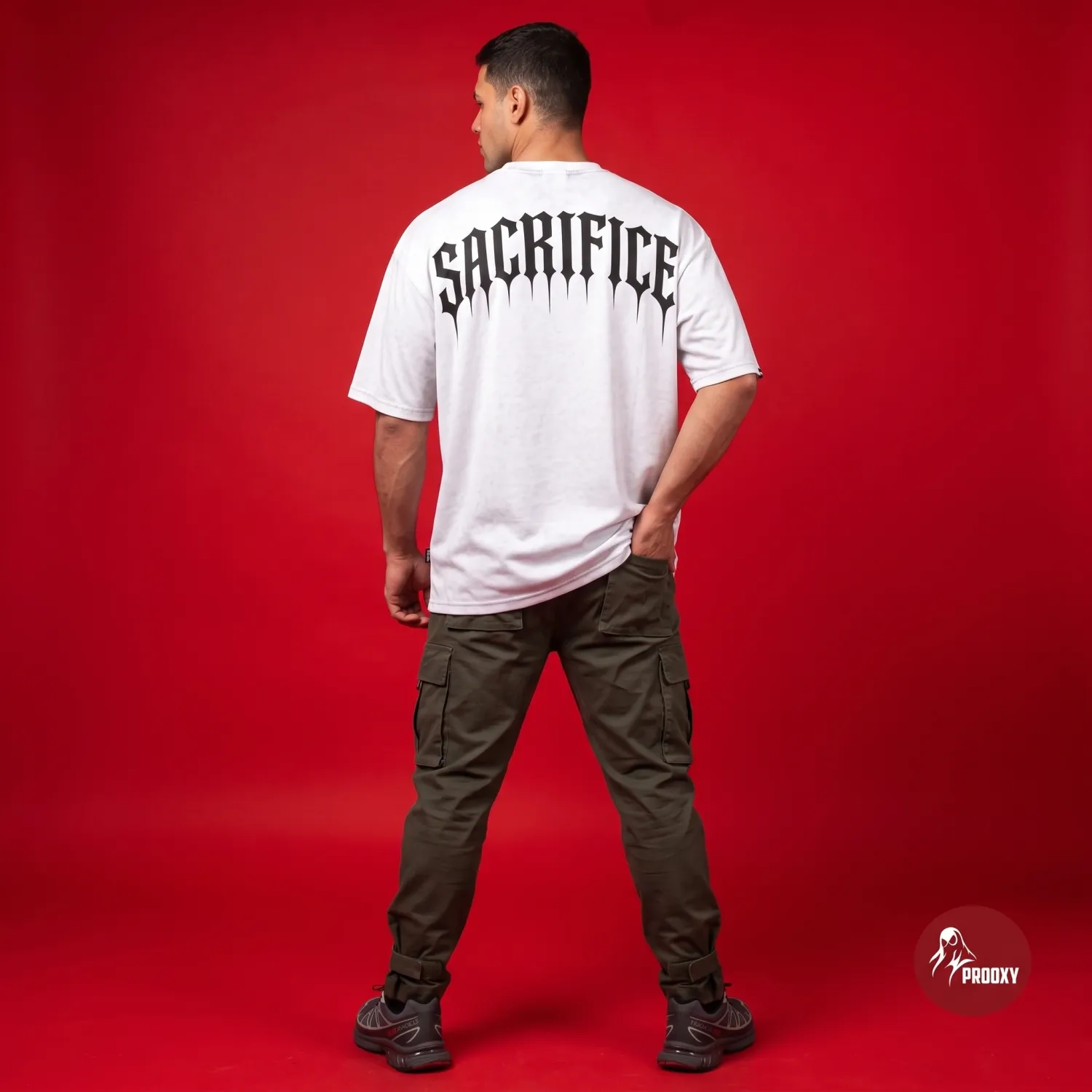 Sacrifice oversized White Tech-Fabric T-Shirt with Gothic Back Graphic
