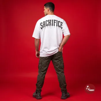Sacrifice oversized White Tech-Fabric T-Shirt with Gothic Back Graphic