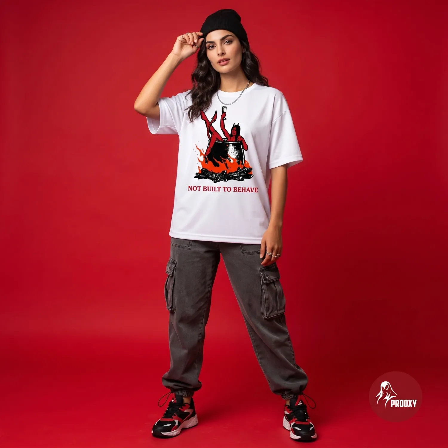 Not Built to Behave She-Devil Graphic Oversized White Mesh T-Shirt