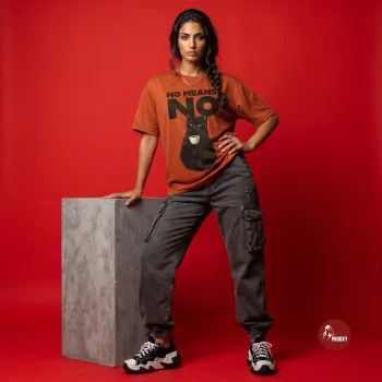 No Means No Sarcastic Black Cat Coffee Oversized Rust Brown Mesh T-Shirt