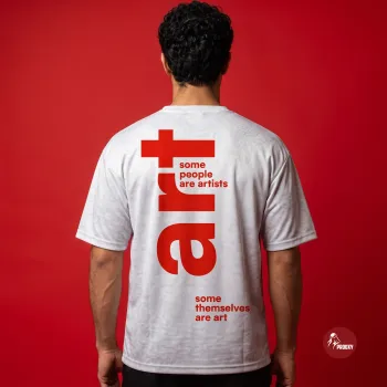 Some Are Art Vertical Art T-Shirt: oversized White Mesh with Red logo