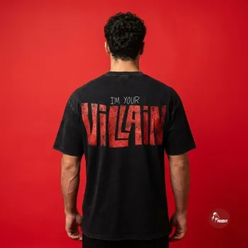 I'M YOUR VILLAIN Distressed Typographic Oversized Acid-Wash Black T-Shirt
