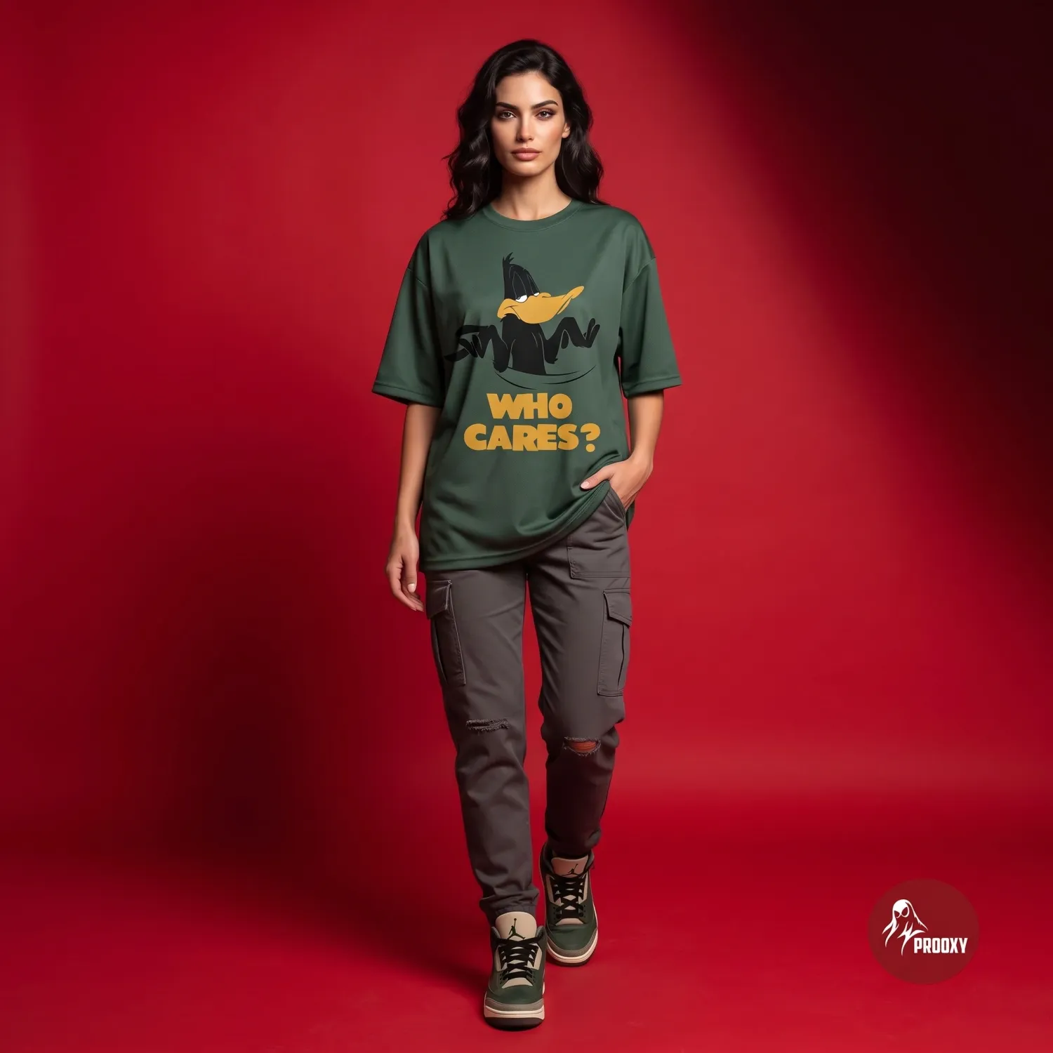 Prooxy Who Cares Daffy Duck Oversized Graphic T-Shirt - Forest Green