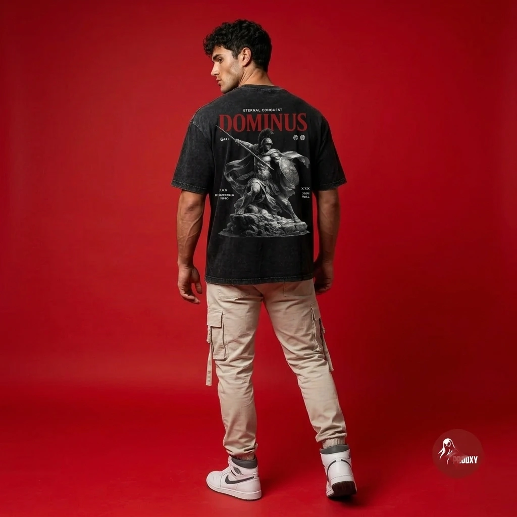 DOMINUS Eternal Conquest Spartan Graphic Acid Wash Heavyweight Oversized Tee – Mineral Black