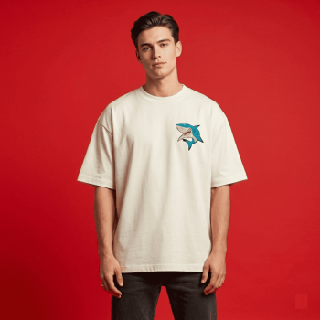Men's Off-White Oversized T-Shirt with Blue Shark Graphic